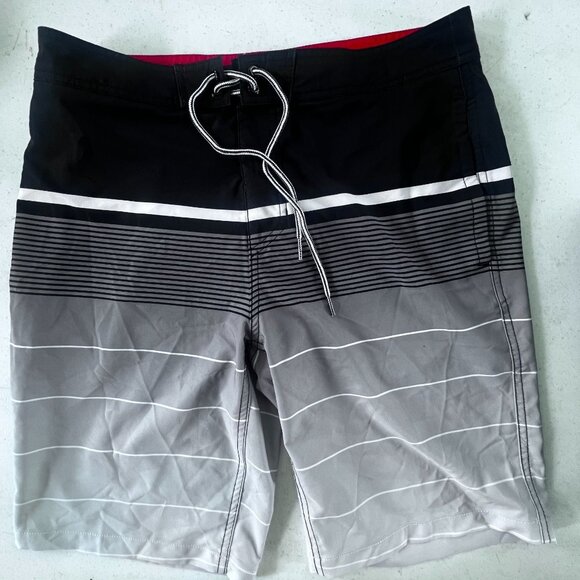 Mens Swim Trunks Board Shorts W32 Black & Gray Stripe Goodfellow & Co SEE - Picture 1 of 4